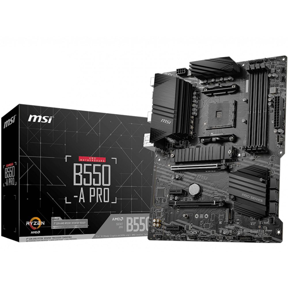 Материнская плата MSI Bad Pack B550-A PRO B550, AM4, 4*DDR4, 2*PCIEx16, 2*PCIEx1, 2*M.2, 2*TypeC, 1*USB3.2Gen2, 4*USB3.2Gen1, 8*USB2.0, 6*SATA3.0, 1G, DP, HDMI, ATX, RTL