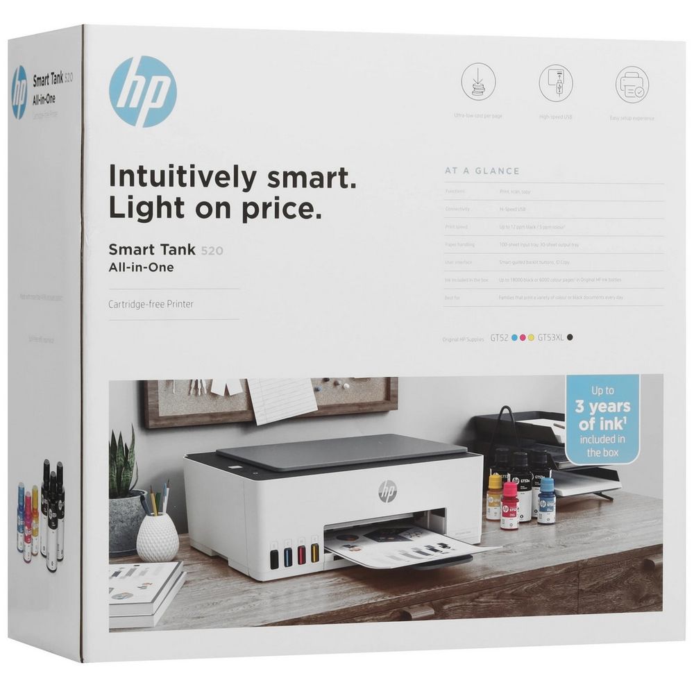 HP Smart Tank 520 А4, МФУ, струйное, цветное, 22стр/мин, 4800x1200dpi, 980МГц, 64Мб,USB (1F3W2A)