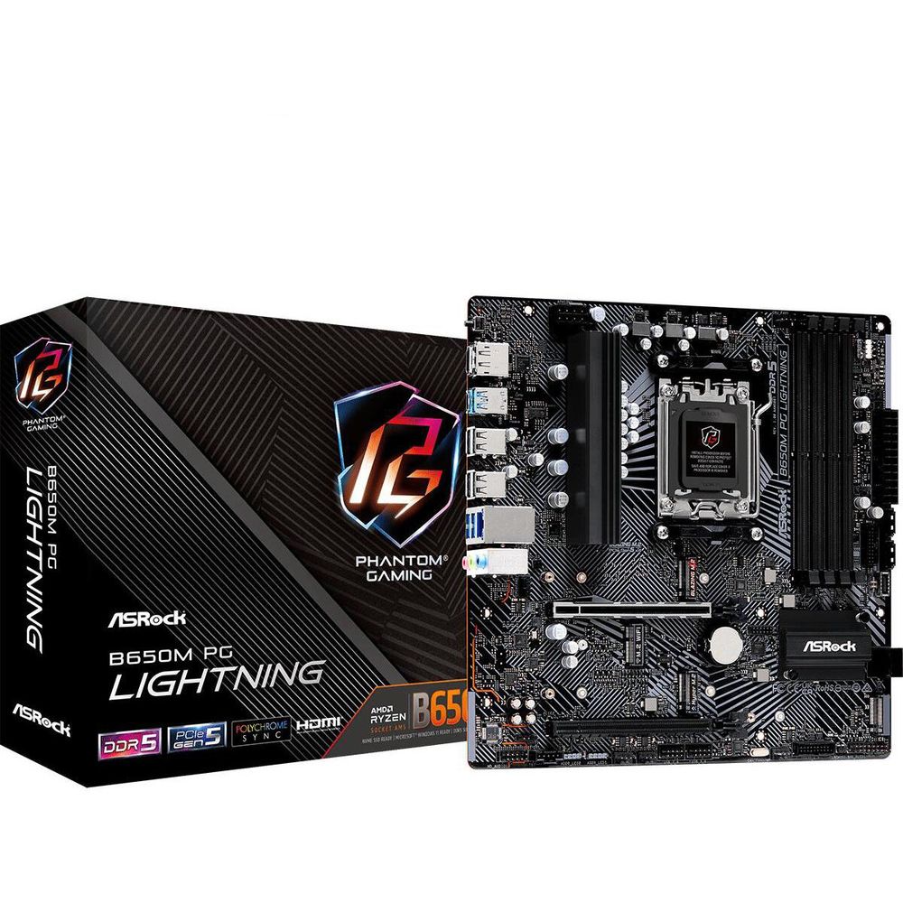 Материнская плата ASRock B650M PG LIGHNING, Socket AM5, AMD B650, 4xDDR5-5200, HDMI+DP, 2xPCI-Ex16, 4xSATA3(RAID 0/1/10), 3xM.2, 8 Ch Audio, 1x2.5GLan, (4+4)xUSB2.0, (3+4)xUSB3.2, (1+1)xUSB3.2 Type-C™, mATX, RTL