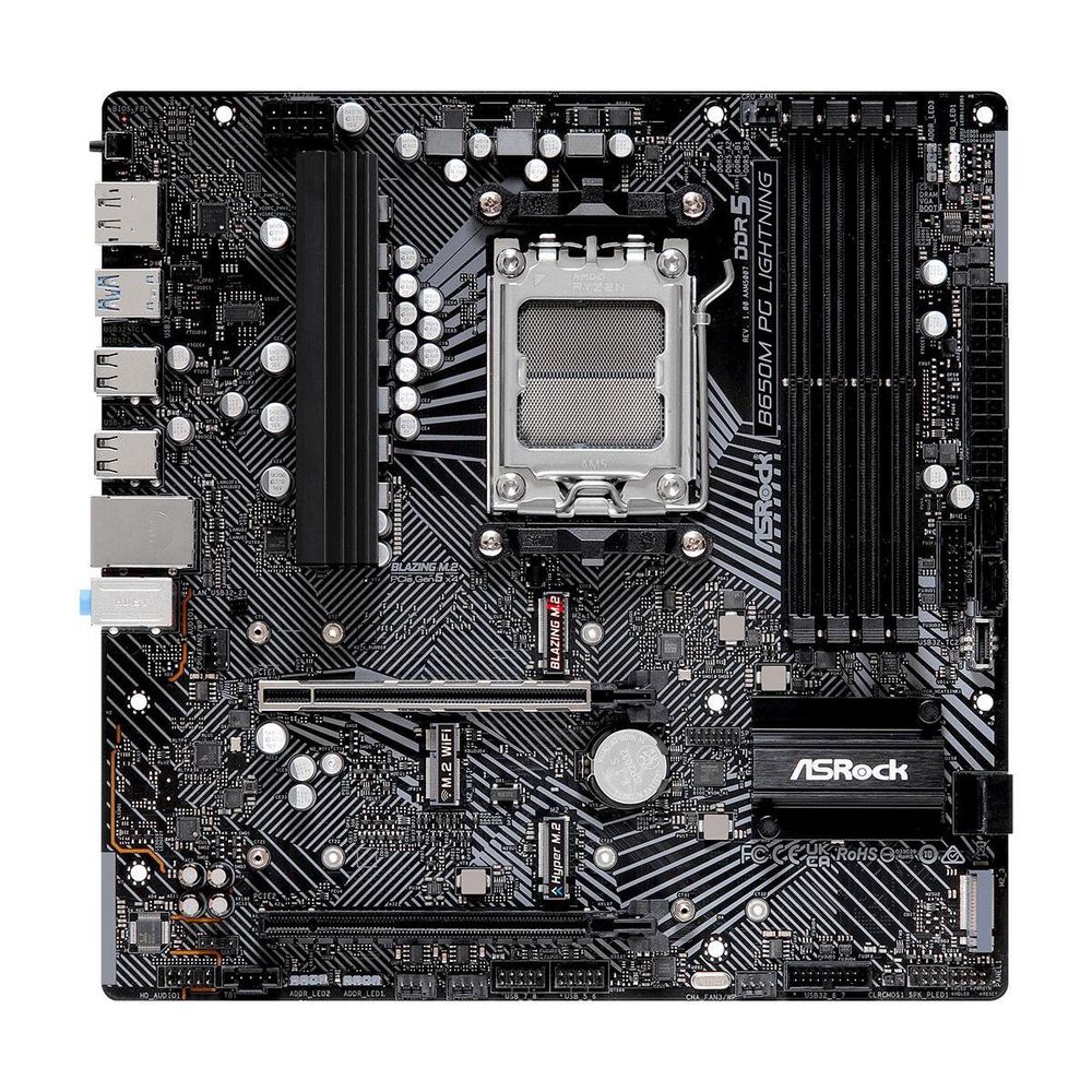 Материнская плата ASRock B650M PG LIGHNING, Socket AM5, AMD B650, 4xDDR5-5200, HDMI+DP, 2xPCI-Ex16, 4xSATA3(RAID 0/1/10), 3xM.2, 8 Ch Audio, 1x2.5GLan, (4+4)xUSB2.0, (3+4)xUSB3.2, (1+1)xUSB3.2 Type-C™, mATX, RTL