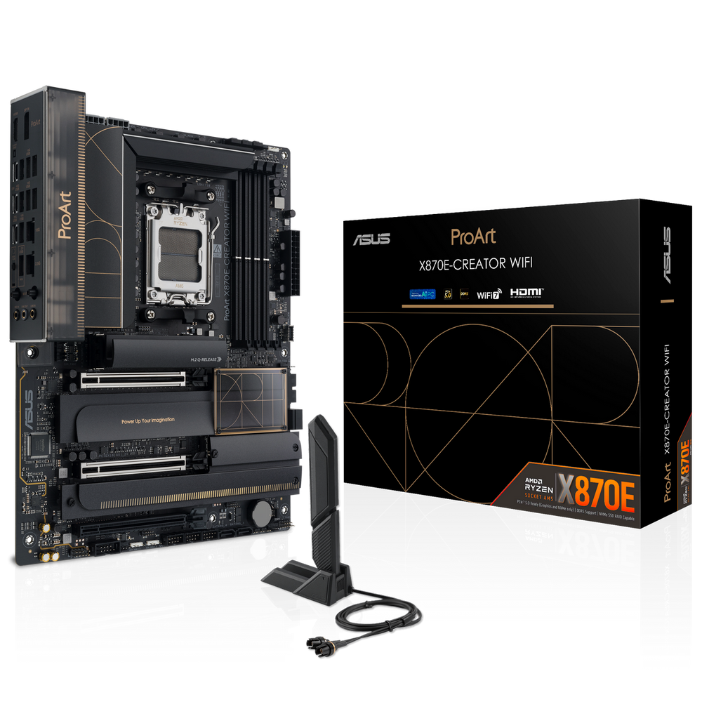 Материнская плата ASUS PROART X870E-CREATOR WIFI, AM5, AMD X870E, 4xDDR5, 4xSATA, 4xM.2, 2xPCIe 5.0 x16, 1xPCIe 4.0 x4, DisplayPort, HDMI, 1x2.5Gb LAN, 1x10Gb LAN, USB Type-C, 3x3.5 мм, 7.1, ATX