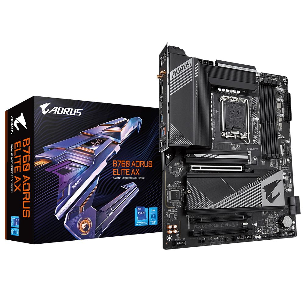 Материнская плата Gigabyte B760 AORUS ELITE AX, LGA1700, Intel®B760, 4xDDR5-4800, HDMI+DP, 3xPCI-Ex16, 4xSATA3(RAID 0/1/5/10), 3xM.2, 8Ch Audio, 2.5GbLan, WiFi, (4+4)xUSB2.0, (5+2)xUSB3.2, (1+1)xUSB3.2 Type-C™, ATX, RTL bp (B760 AORUS ELITE AX плохая упаковка)