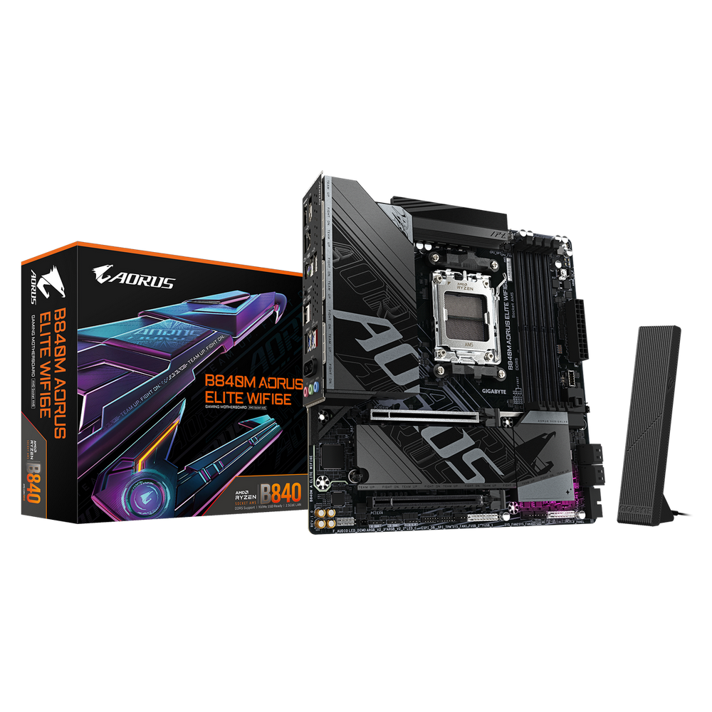 Материнская плата Gigabyte B840M AORUS ELITE WIFI6E, AM5, AMD B840, 4xDDR5, 4xSATA, 2xM.2, 1xPCIe 4.0 x16, 1xPCIe 3.0 x16, 1xHDMI, 1xDP, 1x2.5Gb LAN, Wi-Fi 6E, Bluetooth 5.3, 1xUSB-C 10Gbps, 1xUSB-C 5Gbps, 2xUSB-A 10Gbps, 2xUSB-A 5Gbps, 4xUSB-A 2.0, 1xPS/2, 3x3.5 мм, 7.1, mATX