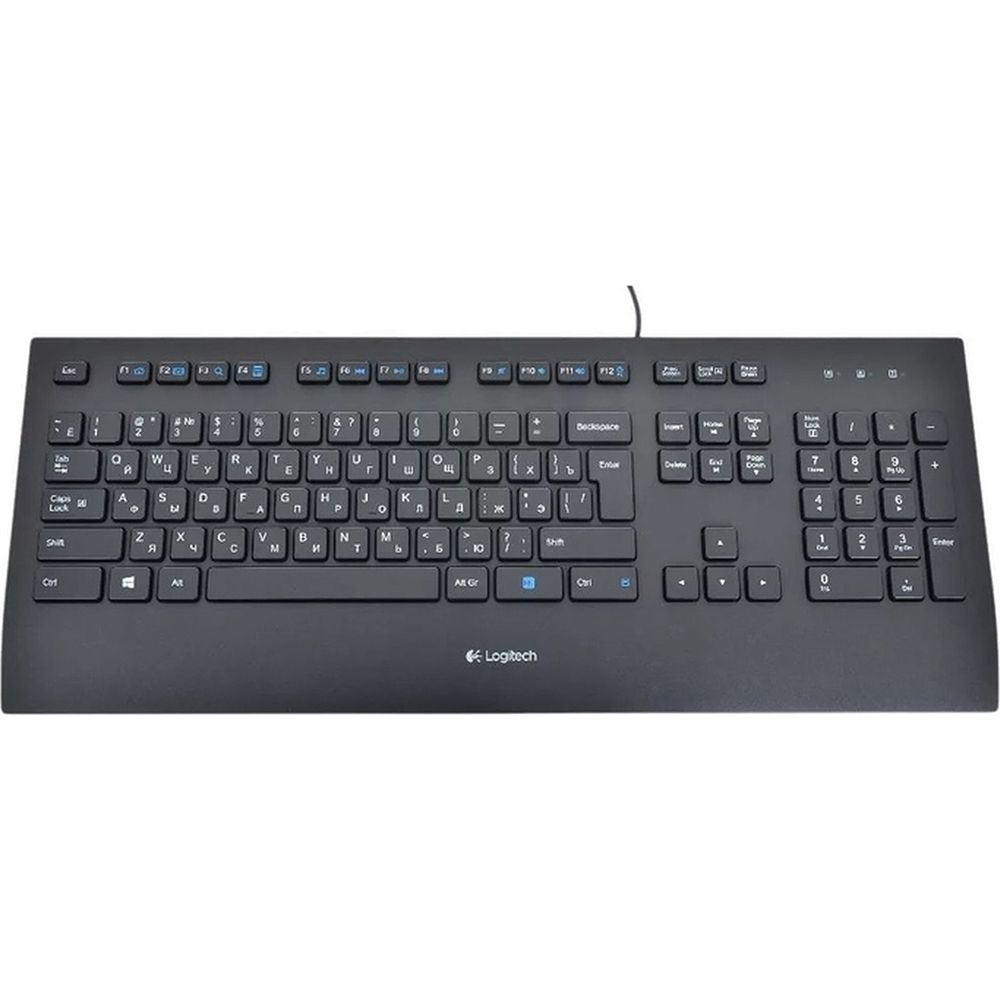Клавиатура Logitech K280E |920-005215| черная, низкопрофильная, 103 клавиши, подставка под запястья, защита от воды, USB 1,8м, (046832)