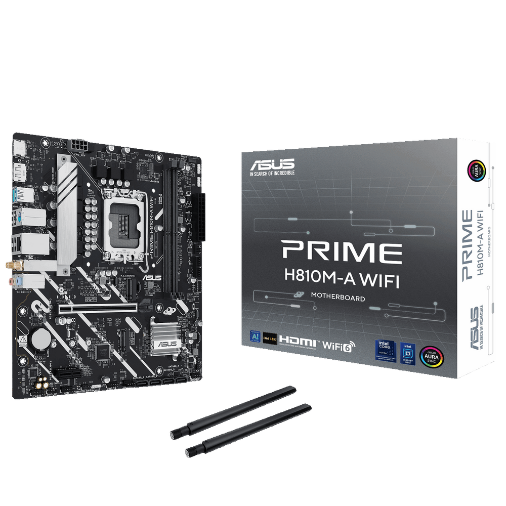 Материнская плата ASUS PRIME H810M-A WIFI, LGA 1851, Intel H810, 2xDDR5, 4xSATA, 2xM.2, 1xPCIe 4.0 x16, 1xPCIe x1, 1xDP, 1xHDMI, 1x1Gb LAN, Wi-Fi, 4xUSB 2.0, 2xUSB 3.2 Gen 2, 3x3.5 мм, 7.1, Micro-ATX