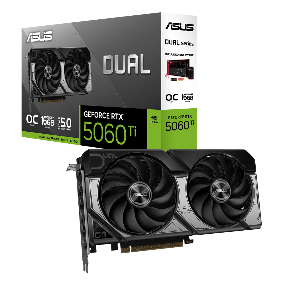 Видеокарта ASUS GeForce RTX 5060 Ti Dual OC , NVIDIA RTX 5060 Ti, 16 ГБ GDDR7, 128 бит, PCI-e 5.0, 1xHDMI, 3xDP, 2632 МГц