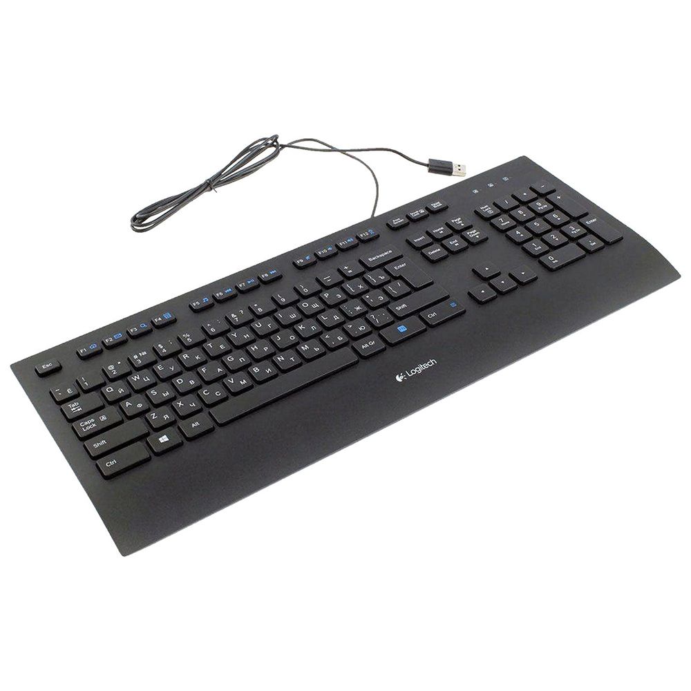 Клавиатура Logitech K280E |920-005215| черная, низкопрофильная, 103 клавиши, подставка под запястья, защита от воды, USB 1,8м, (046832)