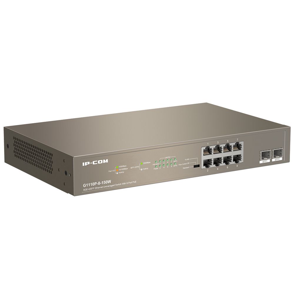 Коммутатор IP-COM G1110P-8-150W, неуправляемый, 8×1GbE PoE, 2×SFP, 150 Вт