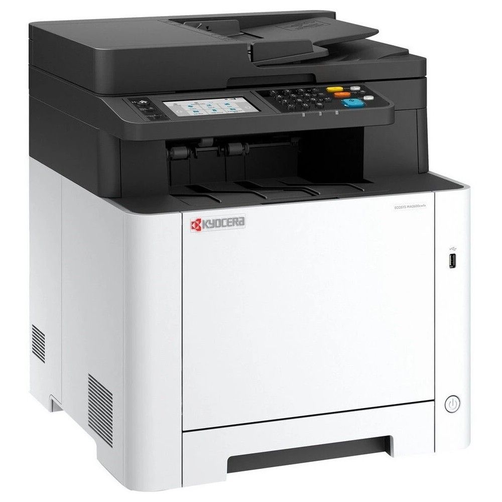 110C0D3NL1 - МФУ лазерное Kyocera ECOSYS MA2600cwfx (A4), цветное, Printer/Scanner/Copier/Fax, 1200x1200 dpi, 27 ppm, 1 GB, 1 GHz, tray 50+250 sheets, DADF 50 sheets, USB+Ethernet+Wi-Fi, Duplex, 4.3" touchscreen, drum 100k, starter toner 1.5k