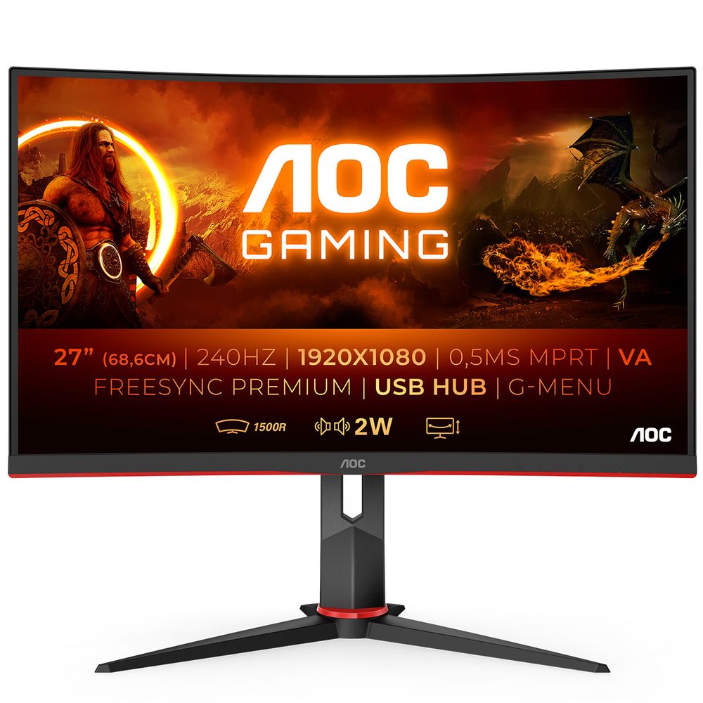 Монитор AOC 27" C27G2ZU Black-Red (VA, 1920x1080, HDMI+HDMI+DP, USB Hub, 0.5 ms, 178°/178°, 300 cd/m, 3000:1, 240Hz, MM, Curved)