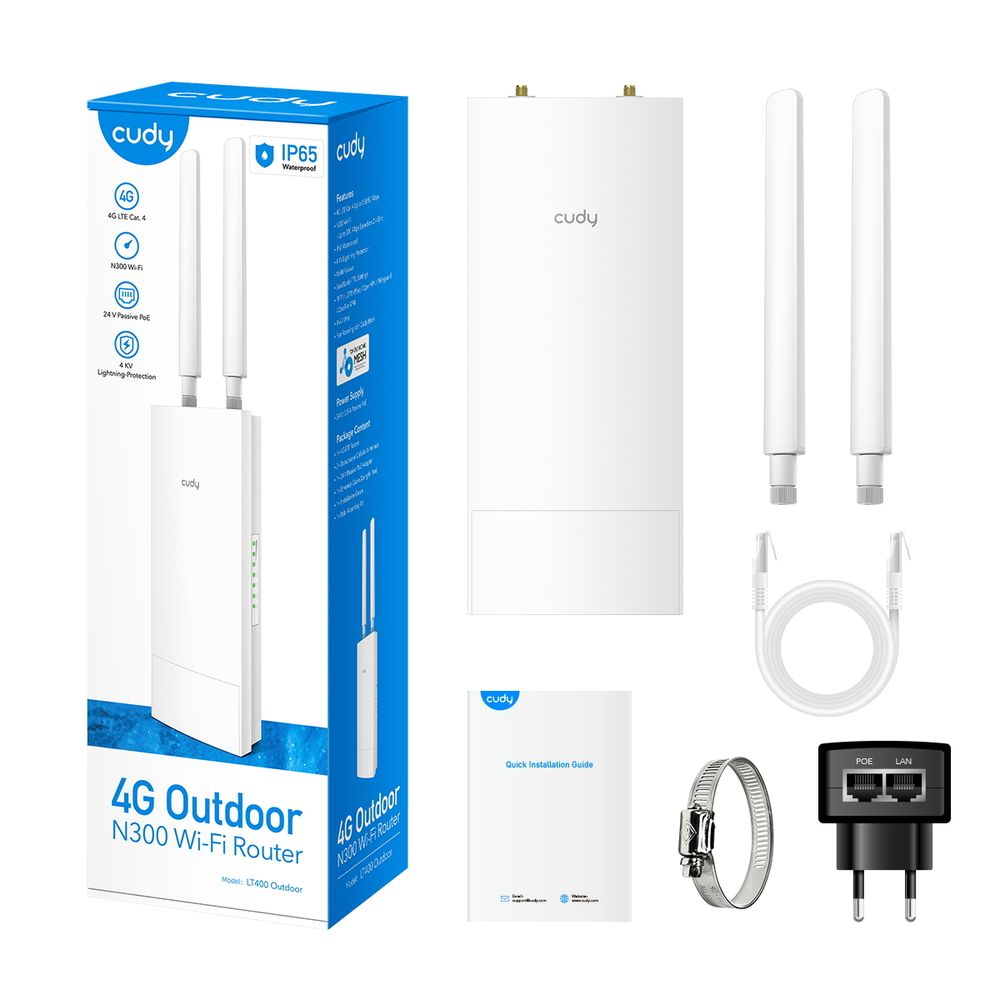 Точка доступа Outdoor 4G LTE Cat 4 N300 Wi-Fi Router Outdoor 4G LTE N300 WiFi Router, Cat.4, 300Mbps Wi-Fi, build-in 4G LTE modem, lightning protection, IP65 Waterproof, 10/100M RJ45, 2 x Detachable 4G Antennas, 24V passive PoE adapter included, Zerotier/Wireguard/OpenVPN/IPSec/L2TP/PPTP VPN,