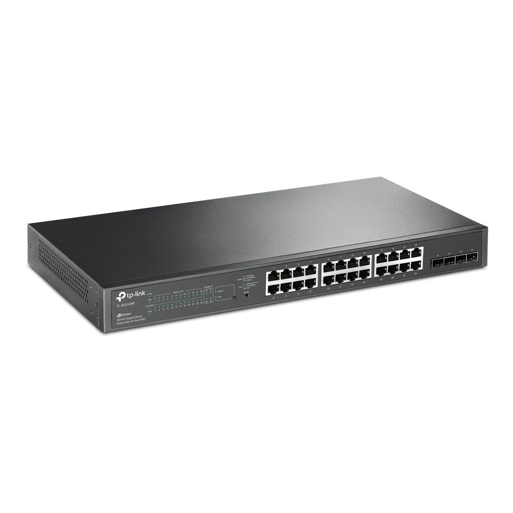 Коммутатор TP-LINK TL-SG2428P JetStream™ 28-портовый гигабитный Smart коммутатор с 24 портами PoE+, 24 гигабитных порта PoE+, 4 гигабитных SFP-слота, 802.3at/af, бюджет PoE — 250 Вт, стальной корпус 1U для монтажа в 19-дюймовую стойку