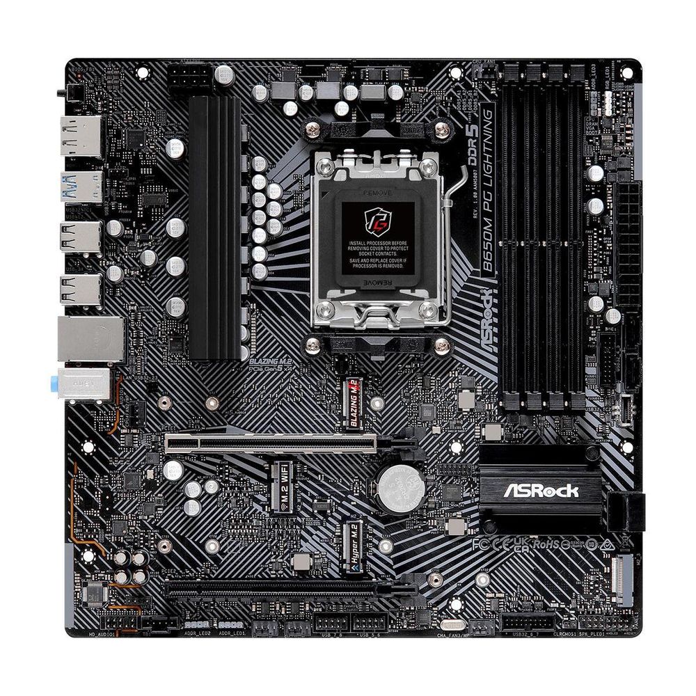 Материнская плата ASRock B650M PG LIGHNING, Socket AM5, AMD B650, 4xDDR5-5200, HDMI+DP, 2xPCI-Ex16, 4xSATA3(RAID 0/1/10), 3xM.2, 8 Ch Audio, 1x2.5GLan, (4+4)xUSB2.0, (3+4)xUSB3.2, (1+1)xUSB3.2 Type-C™, mATX, RTL