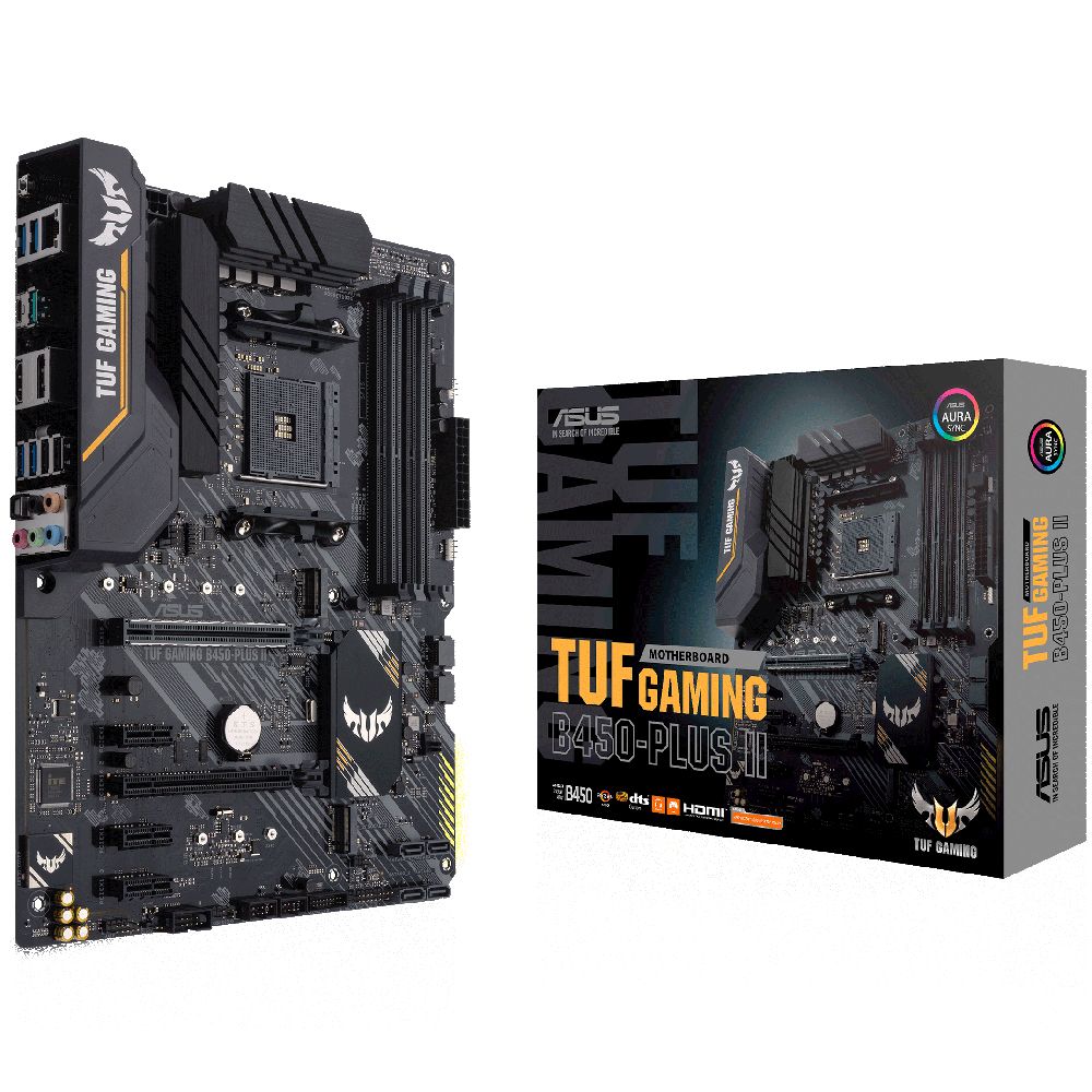 Материнская плата ASUS TUF GAMING B450-PLUS II, AM4, AMD B450, 4xDDR4, 6xSATA, 2xM.2, 1xPCIe 3.0 x16, 1xPCIe 2.0 x16, 3xPCIe x1, DisplayPort, HDMI, 1x1Gb LAN, USB Type-C, 5x3.5 мм, 7.1, ATX
