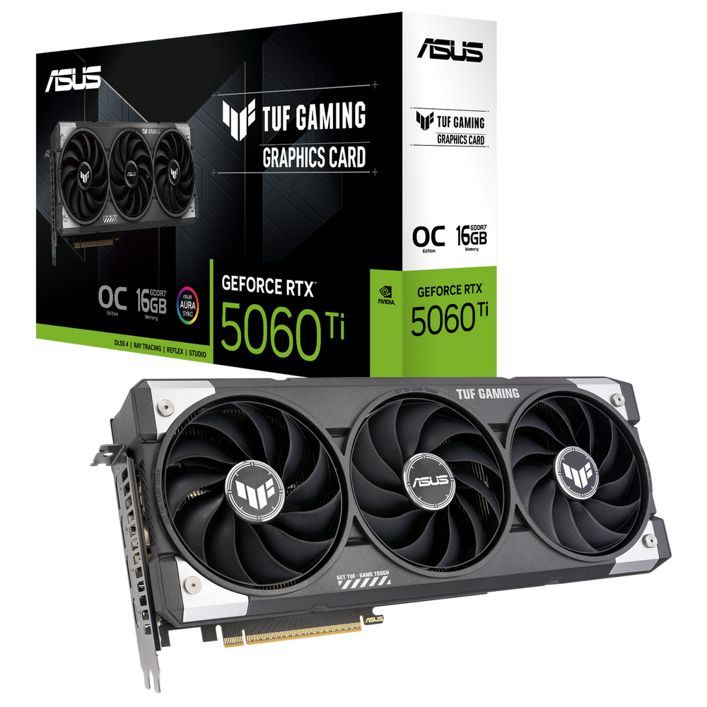 Видеокарта ASUS GeForce RTX 5060 TI TUF GAMING OC, NVIDIA RTX 5060 Ti, 16 ГБ GDDR7, 128 бит, PCI-e 5.0, 1xHDMI, 3xDP, 2632 МГц