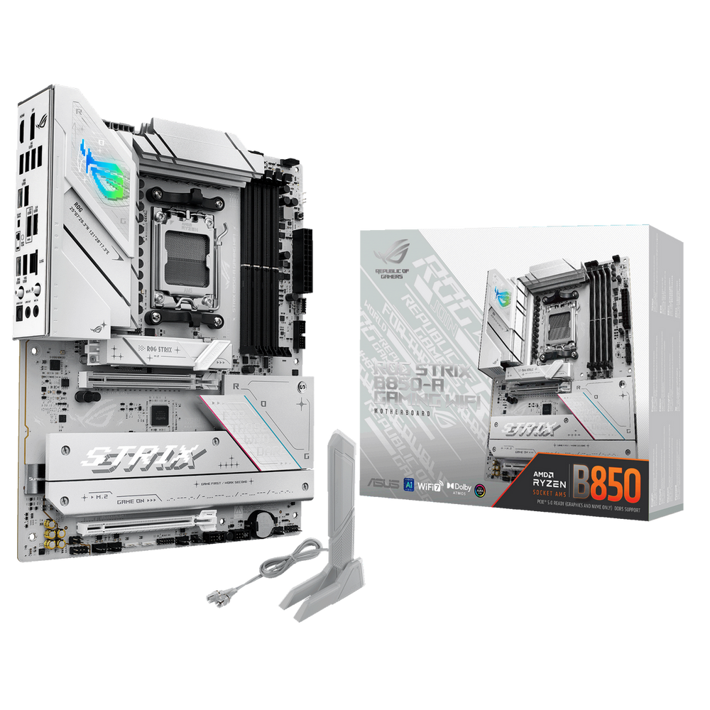Материнская плата ASUS ROG STRIX B850-A GAMING WIFI, AM5, AMD B850, 4xDDR5, 2xSATA, 4xM.2, 1xPCIe 5.0 x16, 1xPCIe 4.0 x16, 1xPCIe x4, 1xDP, 1xHDMI, 1x2.5Gb LAN, 1xUSB-C 20Gbps, 1xUSB-C 10Gbps, 2xUSB-A 10Gbps, 4xUSB 5Gbps, 2xUSB-A 2.0, 3x3.5 мм, 7.1, ATX