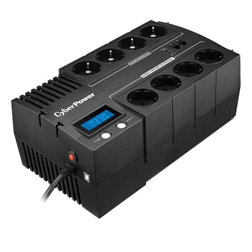 BR1000ELCD - Источник бесперебойного питания, CyberPower BR1000ELCD, Мощность 1000ВА/600Вт, BR-серия, Линейно-интерактивный, Напольный, LCD/USB-A,B,С/RJ11/RJ45, AVR: 165-290В, АКБ 12В/9Ач*1 шт., Вых: 8*Schuko, Чёрный