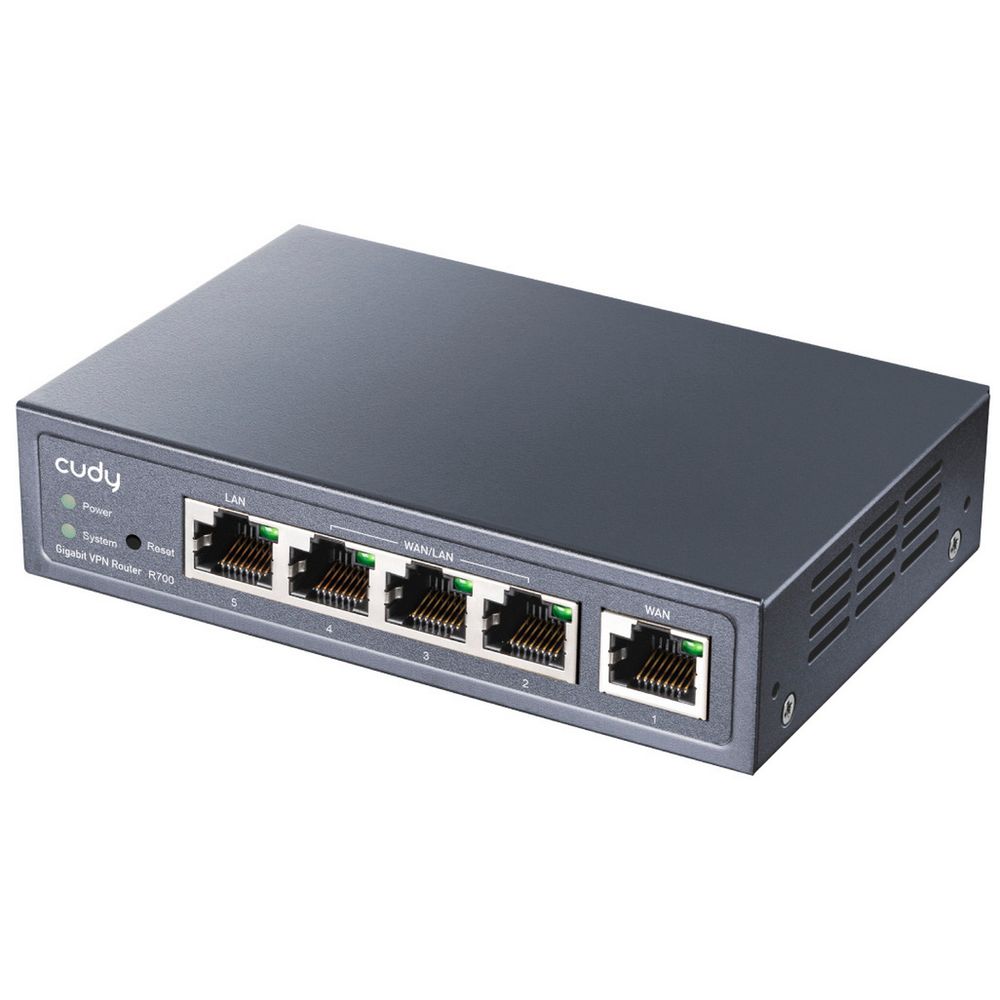 Маршрутизатор CUDY Gigabit Multi-WAN VPN Router, 1 GbE WAN, 1GbE LAN, 3 Configurable WAN/LAN, Load balancing, Link Backup, Zerotier/Wireguard/OpenVPN/IPSec/L2TP/PPTP VPN Server and Client, Zerotier, IPv6, TR069/098/TR181/TR111, DNS over Cloudflare/Google/Quad9 (R700)