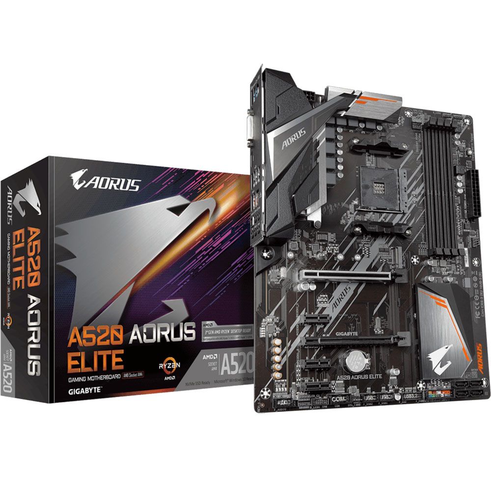 Материнская плата Gigabyte A520 AORUS ELITE, Socket AM4, AMD A520, 4xDDR4-3200, DVI-D+HDMI, 2xPCI-Ex16, 3xPCI-Ex1, 4xSATA3(RAID 0/1/10), 1xM.2, 8 Ch Audio, GLan, (4+4)xUSB2.0, (4+2)xUSB3.2, 1xPS/2, ATX, RTL {8} (809812)