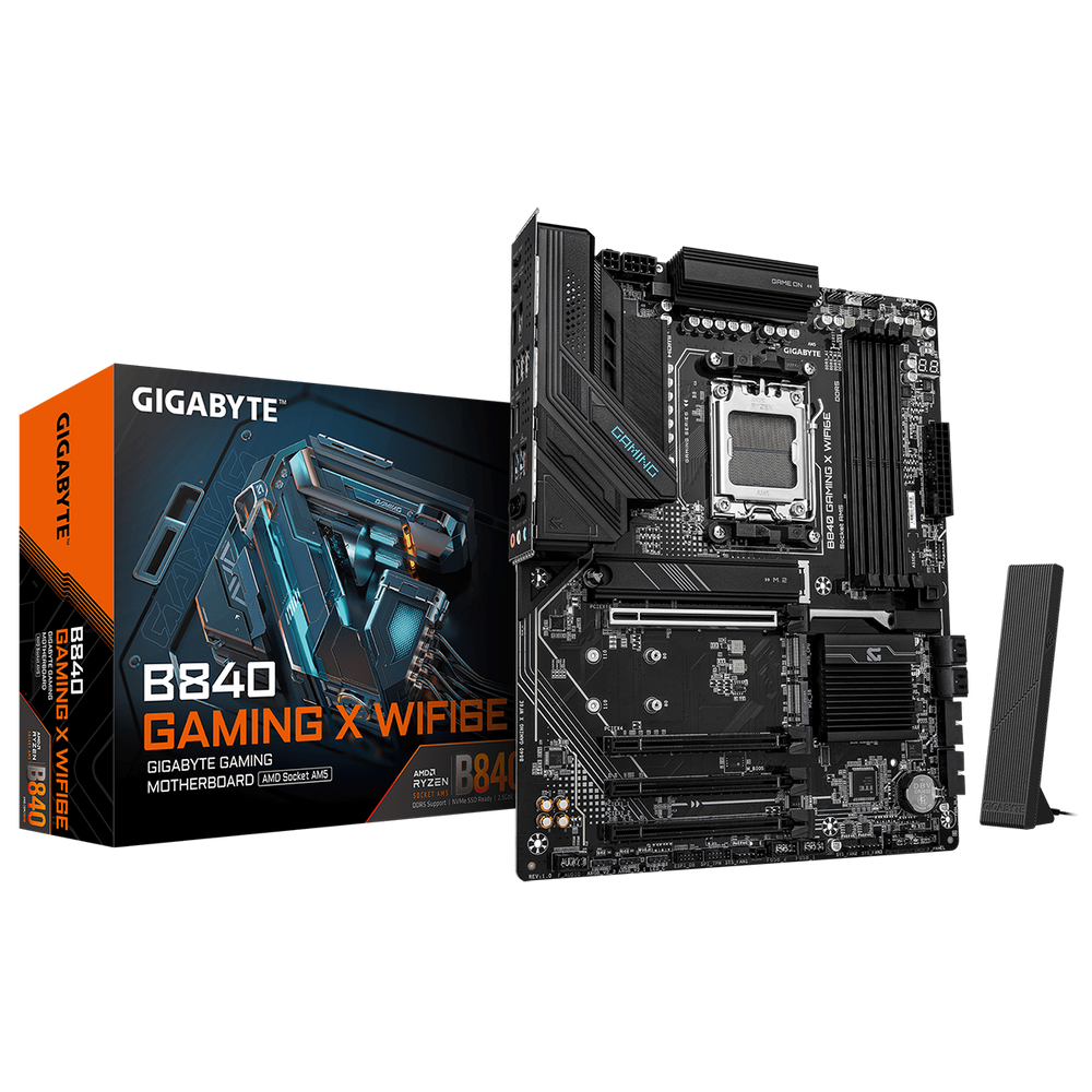 Материнская плата Gigabyte B840 GAMING X WIFI6E, AM5, AMD B840, 4xDDR5, 4xSATA, 3xM.2, 1xPCIe 4.0 x16, 3xPCIe 3.0 x16, 1xHDMI, 1xDP, 1x2.5Gb LAN, Wi-Fi 6E, Bluetooth 5.3, 1xUSB-C 10Gbps, 1xUSB-A 10Gbps, 2xUSB-A 5Gbps, 4xUSB-A 2.0, 3x3.5 мм, 7.1, ATX