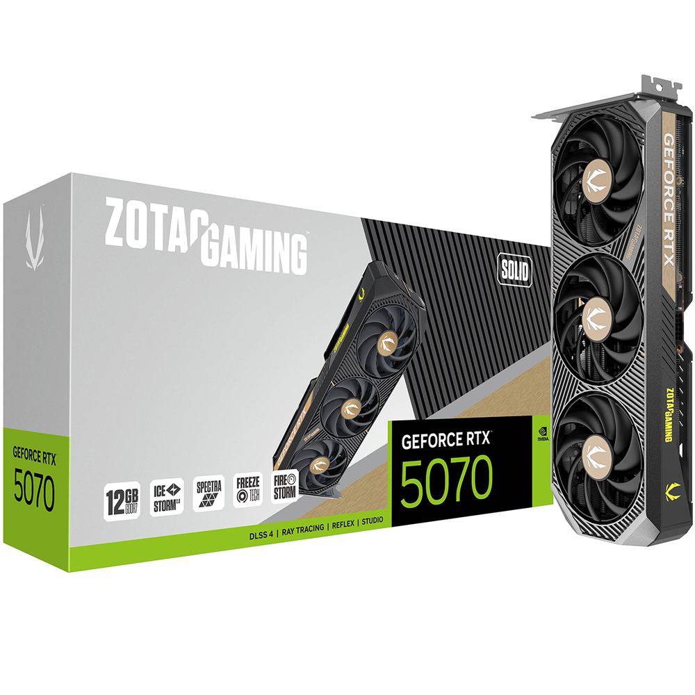 Видеокарта ZOTAC GAMING GeForce RTX 5070 SOLID NV 12Gb DDR7 192 bit  2165/2512 MHz  3*DP/HDMI 3*FAN (ZT-B50700D-10P) RTL