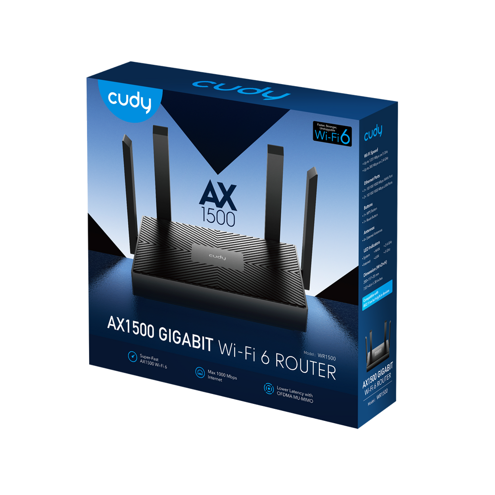 Маршрутизатор CUDY WR1500 AX1500 Gigabit Wi-Fi 6 Router Dual Band, Chipset Realtek, 802.11ax/ac/a/b/g/n, 1201Mbps at 5GHz + 300Mbps at 2.4GHz, 4 x 10/100/1000Mbps Ports, WPA3, IPv6, 4 x 5dBi fixed antennas
