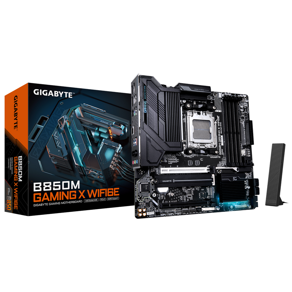 Материнская плата Gigabyte B850M GAMING X WIFI6E, Socket AM5, AMD B850, 4xDDR5-5200, HDMI+DP+DP, 2xPCI-Ex16, 4xSATA3(RAID 0/1/10), 2xM.2, 8 Ch Audio, 1x2,5GLan, WiFi, (4+4)xUSB2.0, (3+4)xUSB3.2, (1+1)xUSB Type-C™, 1xPS/2, mATX, RTL bp (B850M GAMING X WIFI6E плохая упаковка)