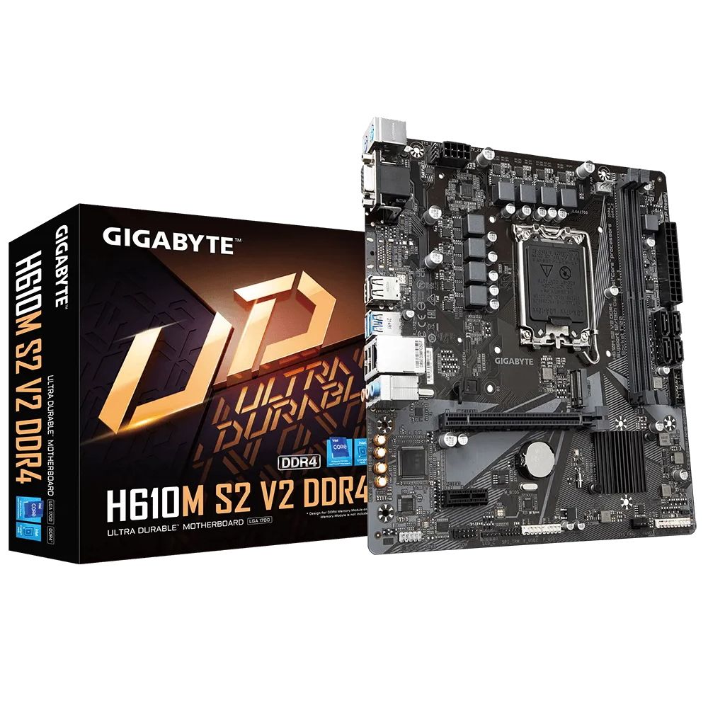 Материнская плата Gigabyte Bad Pack H610M S2 V2 DDR4 Socket 1700, Intel®H610, 2xDDR4-3200, D-SUB, 1xPCI-Ex16, 1xPCI-Ex1, 4xSATA3, 1xM.2, 8Ch Audio, GLan, (4+4)xUSB2.0, (2+2)xUSB3.2, 2xPS/2, mATX, RTL {10} bp