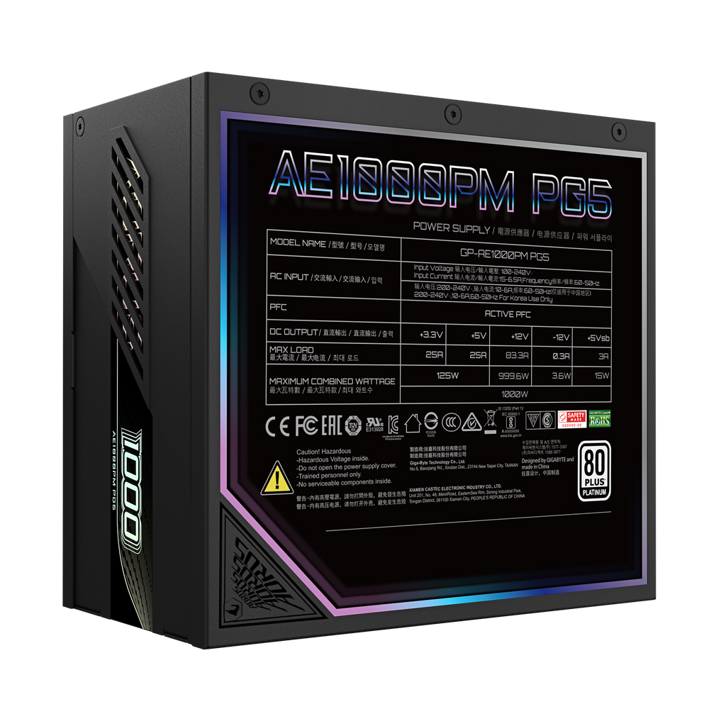 Блок питания ПК Gigabyte AE1000PM PG5 1000W, 80Plus, Platinum, Полностью модульный, PCIe Gen 5.1, ATX 3.0 compatible