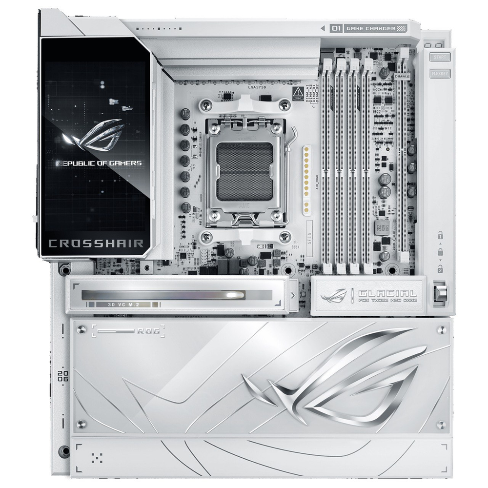 Материнская плата ASUS ROG CROSSHAIR X870E GLACIAL, AM5, AMD X870E, 4xDDR5, 4xSATA, 7xM.2, 2xPCIe 5.0 x16, 2x10Gb LAN, Wi-Fi 7, Bluetooth 5.4, 2xUSB-C 40Gbps (USB4 / Gen3x2), 4xUSB-C 10Gbps, 8xUSB-A 10Gbps, 2x3.5 мм, 7.1, E-ATX