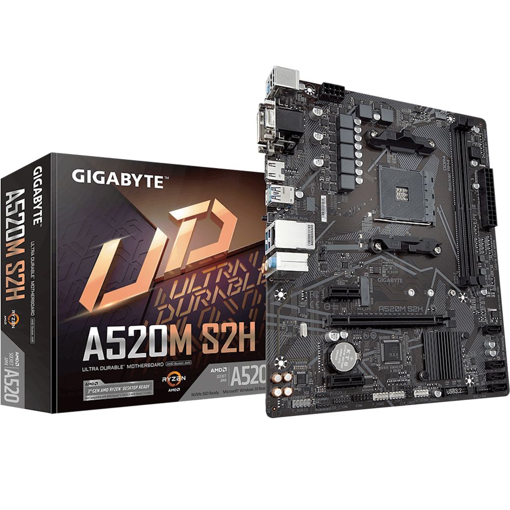 Материнская плата Gigabyte Bad Pack A520M S2H, Socket AM4, AMD A520, 2xDDR4-3200, D-SUB+DVI-D+HDMI, 1xPCI-Ex16,  2xPCI-Ex1, 4xSATA3(RAID 0/1/10), 1xM.2, 8 Ch Audio, GLan, (2+4)xUSB2.0, (4+2)xUSB3.2, 1xPS/2, mATX, RTL {10} (809720)