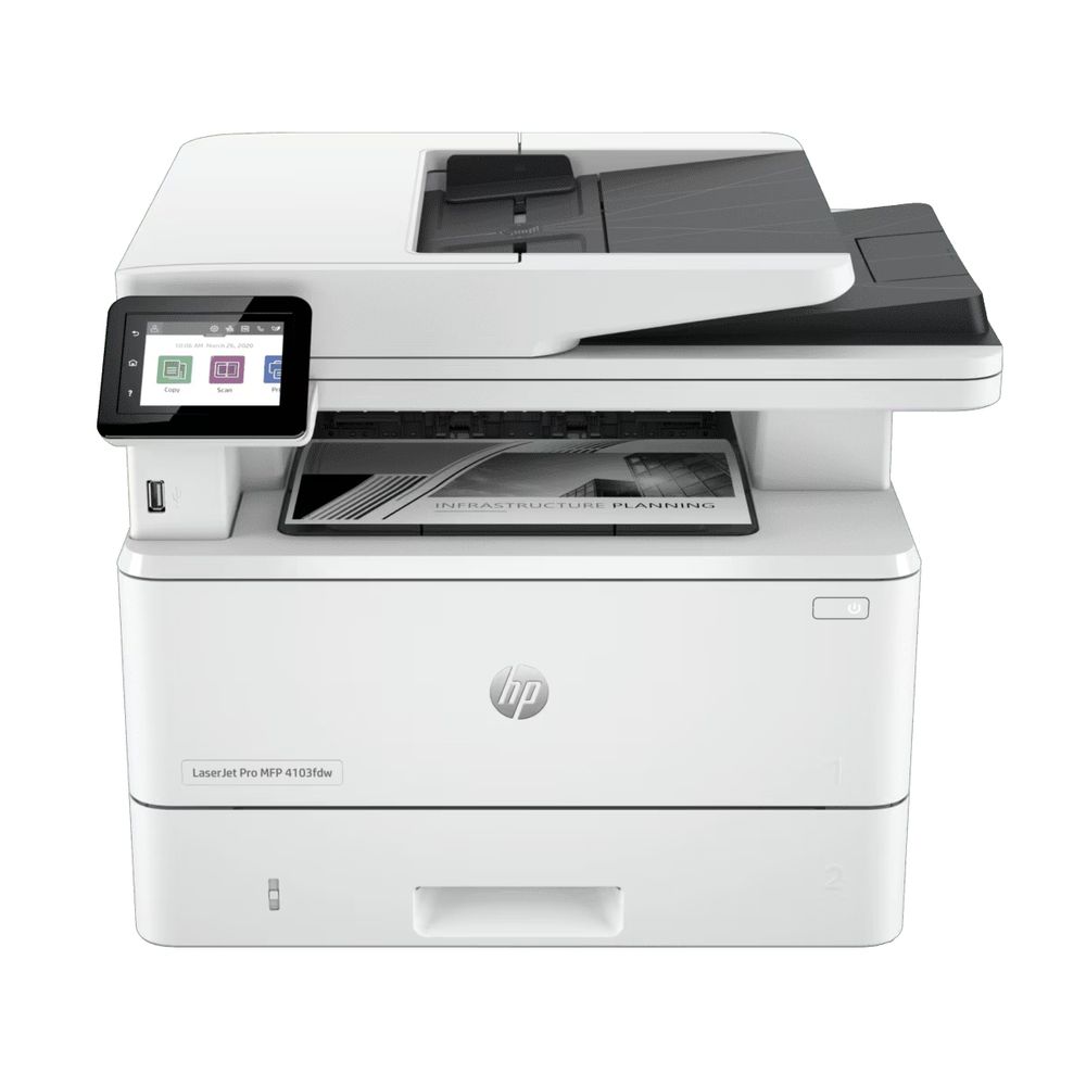 HP LaserJet Pro 4103fdw А4, МФУ, лазерное, черно-белое, 40стр/мин, 1200dpi, 1200МГц, 512Мб, 50АПД, 100+250, WiFi/Bluetooth/USB/Ethernet, 3050стр/картридж, (2Z629A#BBU)