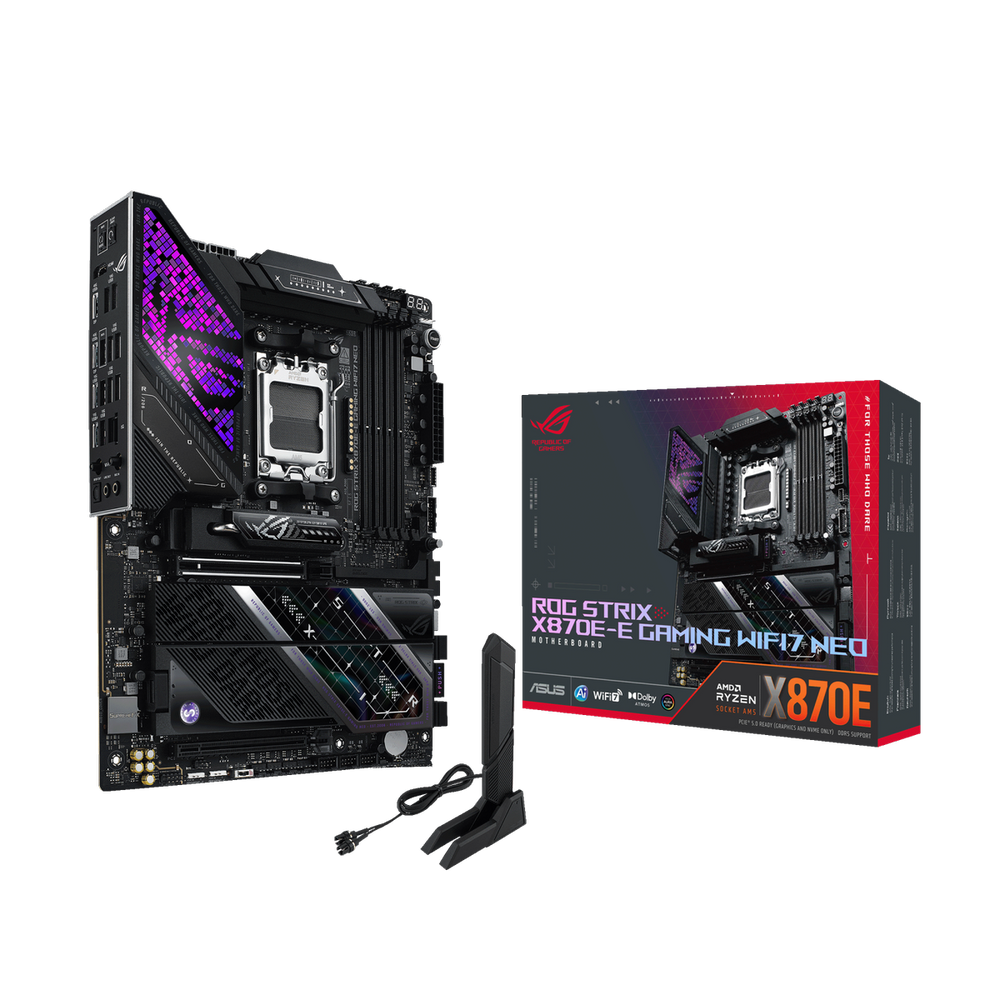 Материнская плата ASUS ROG STRIX X870E-E GAMING WIFI7 NEO, AM5, AMD X870E, 4xDDR5, 4xSATA, 5xM.2, 1xPCIe 5.0 x16, 1xPCIe 4.0 x16, 1xHDMI, 1x5Gb LAN, Wi-Fi 7, Bluetooth 5.4, 2xUSB-C 40Gbps (USB4 / Gen3x2), 2xUSB-C 10Gbps, 9xUSB-A 10Gbps, 2x3.5 мм, 7.1, ATX