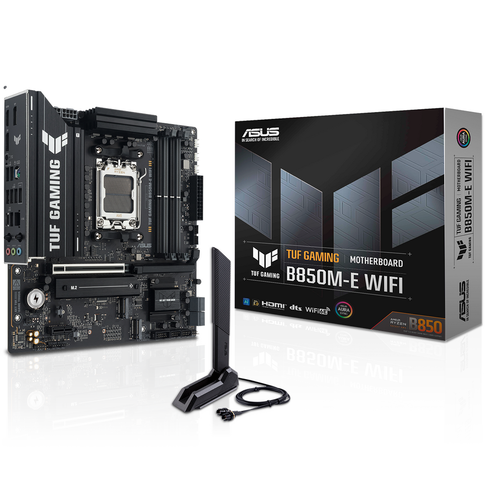 Материнская плата ASUS TUF GAMING B850M-E WIFI, AM5, AMD B850, 4xDDR5, 4xSATA, 3xM.2, 1xPCIe 5.0 x16, 1xPCIe 4.0 x16, 1xPCIe 3.0 x1, DisplayPort, HDMI, 1x2.5Gb LAN, USB Type-C, 3x3.5 мм, 7.1, microATX