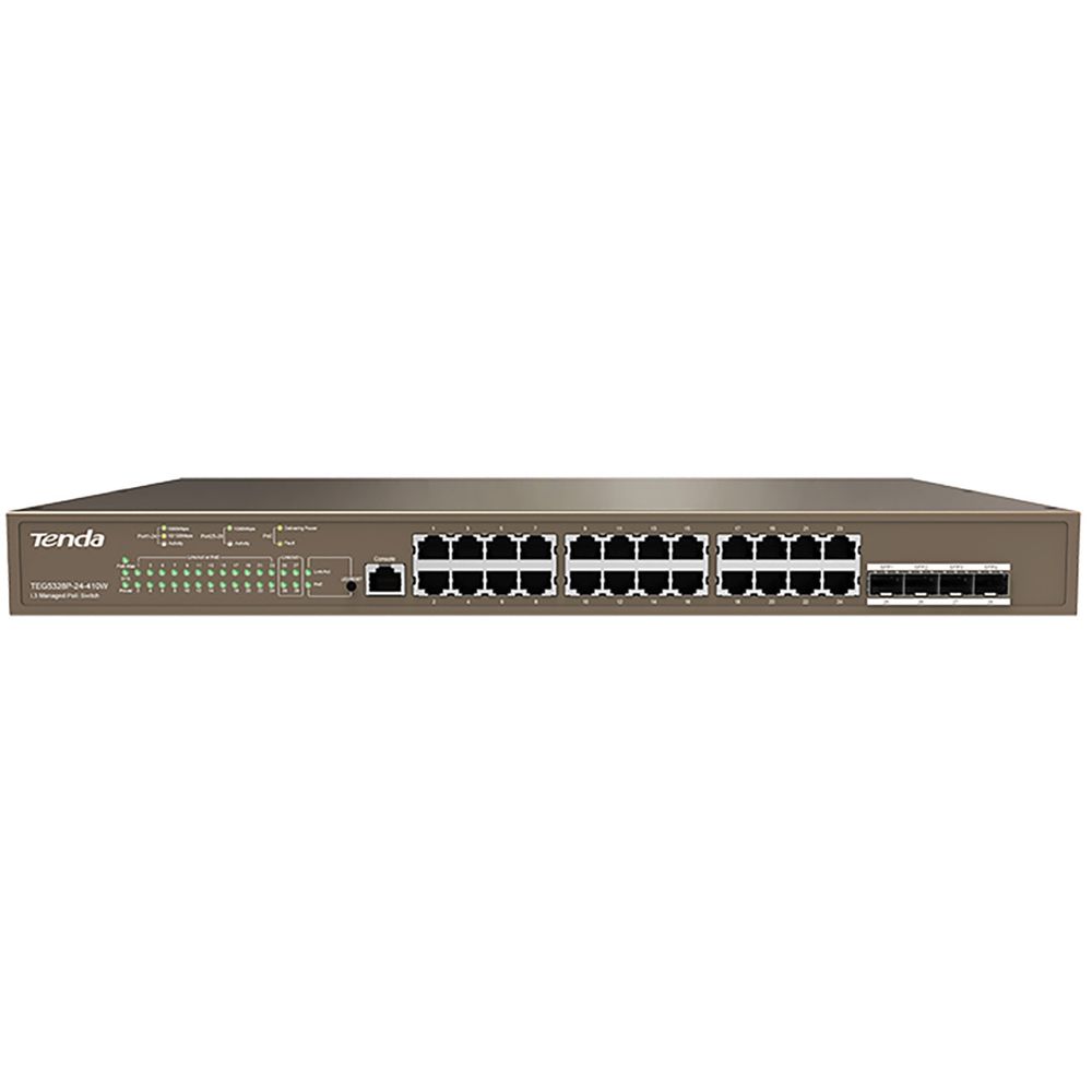 Коммутатор Tenda TEG5328P-24-410W Коммутатор управляемый PoE L3, 28 портов 28х1 Гбит/с, PoE 24х30 Вт (до 370Вт), SFP 4х1 Гбит/с, установка в стойку
