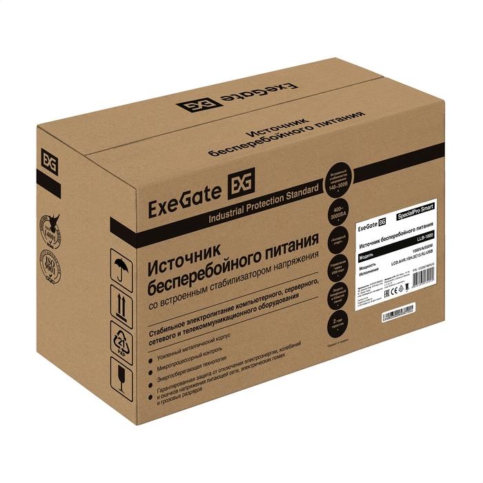 Источник бесперебойного питания ExeGate SpecialPro Smart LLB-1000.LCD.AVR.1SH.2C13.RJ.USB 1000VA/550W, LCD, AVR, 1*Schuko+2*C13, RJ45/11,USB, металлический корпус, черный