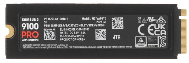 Твердотельный накопитель SSD Samsung M.2 2280 4TB 9100 PRO Black Client SSD PCIe Gen5x4 with NVMe, 14800/13400, IOPS 2200/2600K, 3D NAND, 4096MB, 2400TBW, RTL
