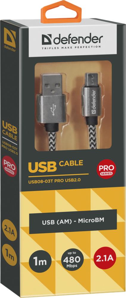 Defender USB кабель USB08-03T PRO USB2.0 Белый, AM-MicroBM, 1m, 2.1A (87803)