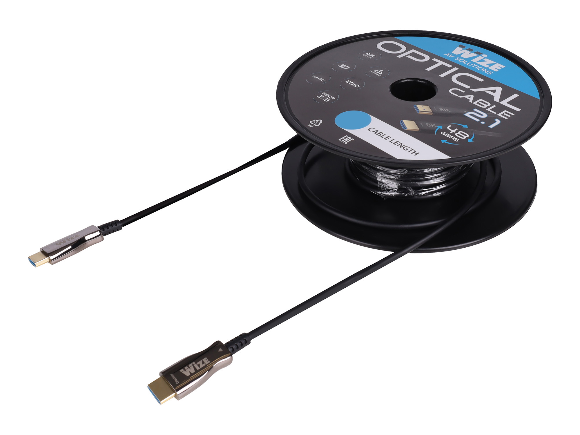 Кабель HDMI Wize [AOC-8K-HM-HM-20M] оптический, малодымный, 20 м, 8K/60HZ 4:4:4, v.2.1, ARC, 19M/19M, HDCP 2.2, Ethernet, черный, коробка