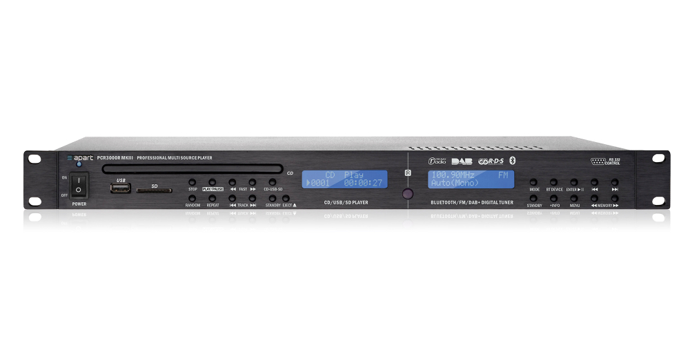 Плеер BIAMP [PCR3000RMKIII] (APART) многофункциональный: USB/SD/CD-плеер с FM-тюнером и Bluetooth. Выходы: CD/USB/SD, выход тюнера, комбинированный выход, коаксиальный, оптический. RS-232, пульт ДУ. 1U.