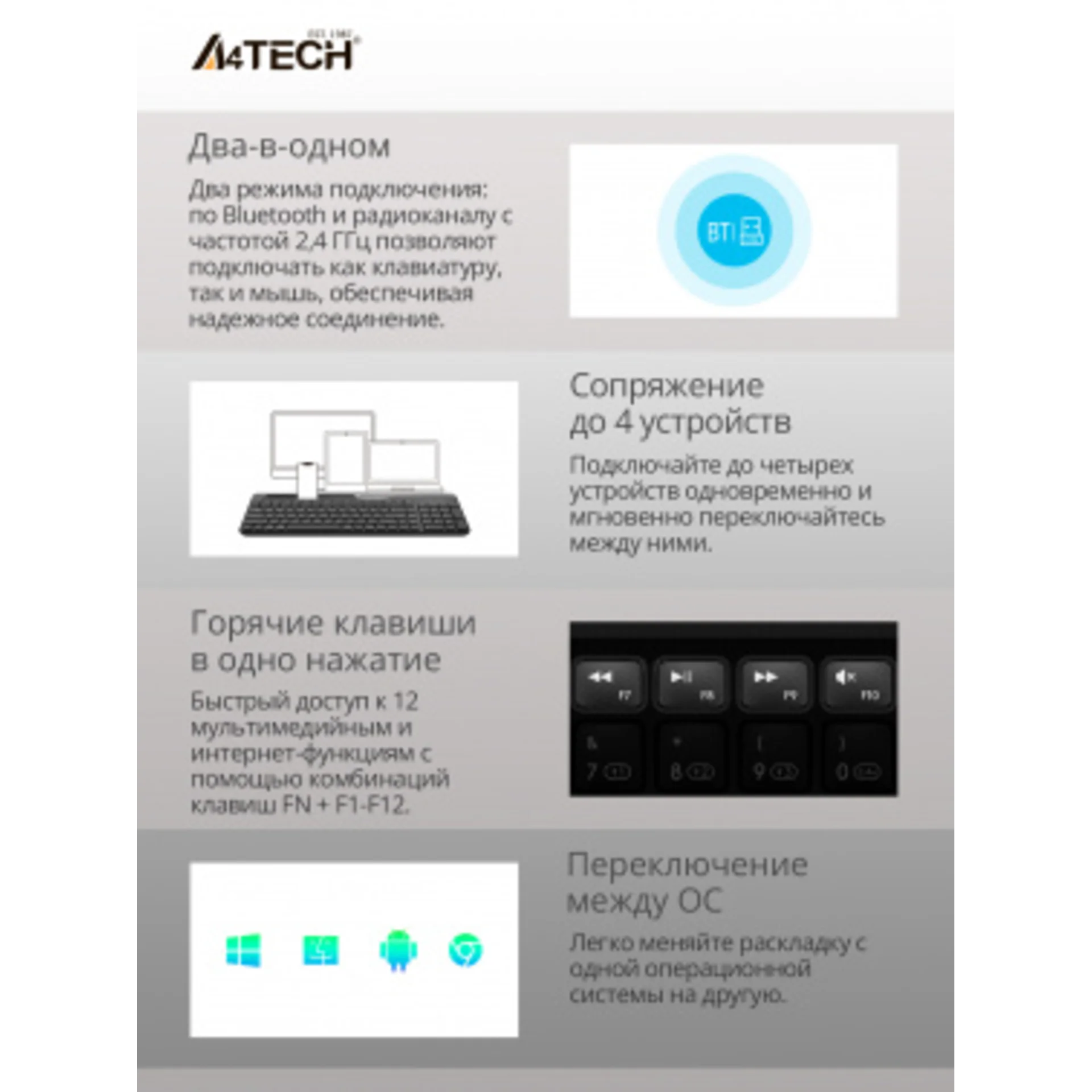 Клавиатура + мышь A4Tech Fstyler FB2535C клав:чер/серый мышь:чер/серый USB беспроводная Bluetooth/Радио slim (FB2535C SMOKY GREY)