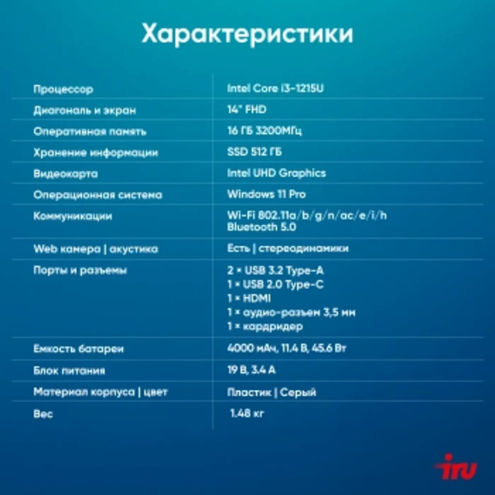 Ноутбук IRU Tactio 14ALH Core i3 1215U 16Gb SSD512Gb Intel UHD Graphics 14" IPS FHD (1920x1080) Wind