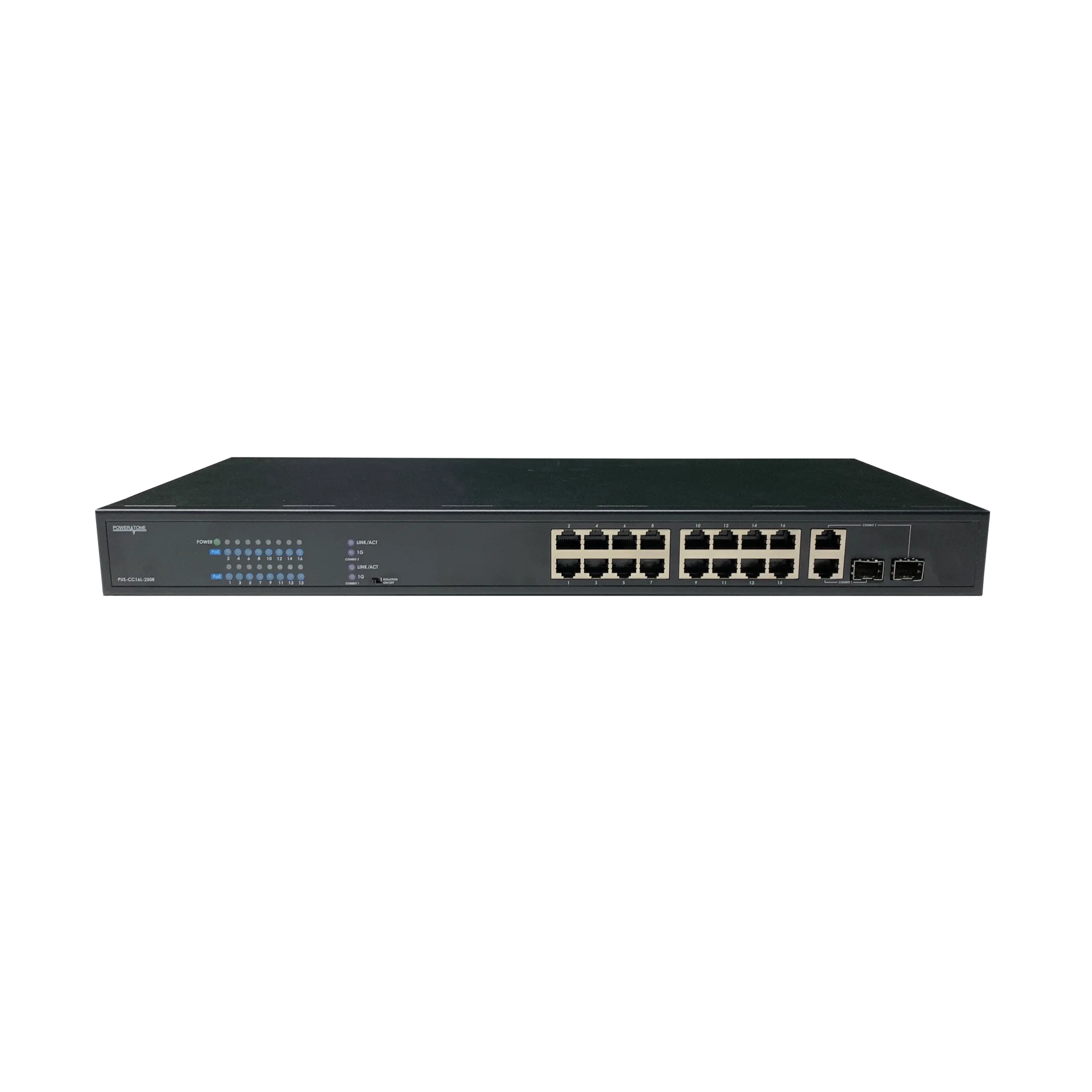 Неуправляемый стоечный 16 портовый PoE коммутатор POWERTONE PUS-CC16L-250R с изоляцией портов
