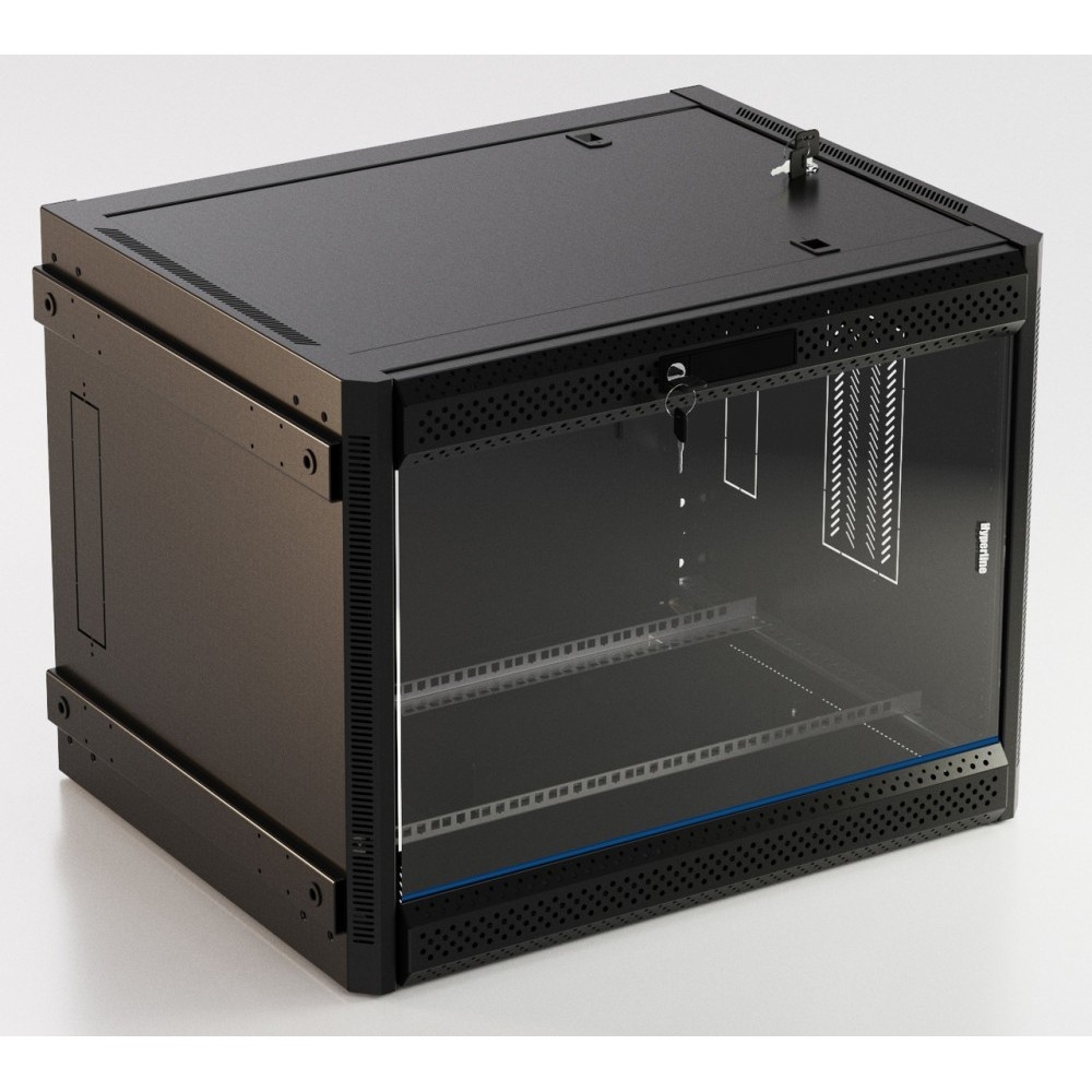 Шкаф HyperlineTWB-FC-1266-GP-RAL9004  настенный 12U, 662x600х600мм, стеклянная дверь с перфорацией п 12U, 662x600х600мм, стеклянная дверь с перфорацией по бокам, ручка с замком, с возможностью установки на ножки (в комплекте), цвет черный (RAL 9004) (разобранный)