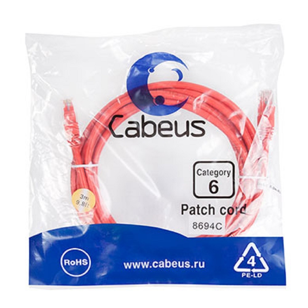 PC-UTP-RJ45-Cat.6-3m-RD Шнур коммутационный Cabeus кат. 6 неэкр. U/UTP RJ45/RJ45 250 МГц d 62 3м PVC AWG24 красный