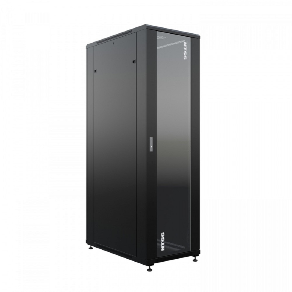 NTSS Шкаф напольный универсальный серверный NTSS R 47U 600х1000мм, 4 профиля 19, двери стекло и сплошная металл, боковые стенки съемные, регулируемые опоры, разобранный, черный RAL 9005 NTSS-R47U60100