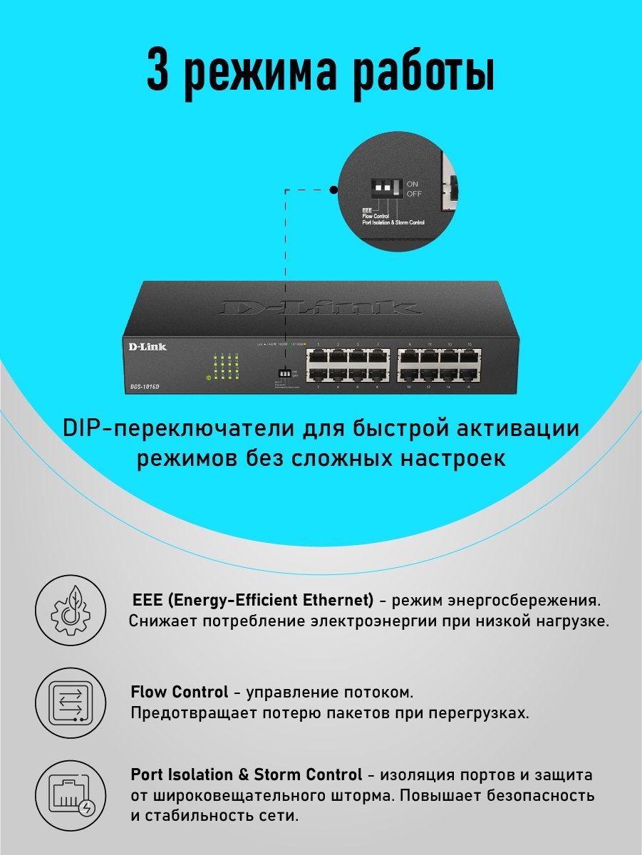 D-Link DGS-1016D/J1A Неуправляемый коммутатор с 16 портами 10/100/1000Base-T