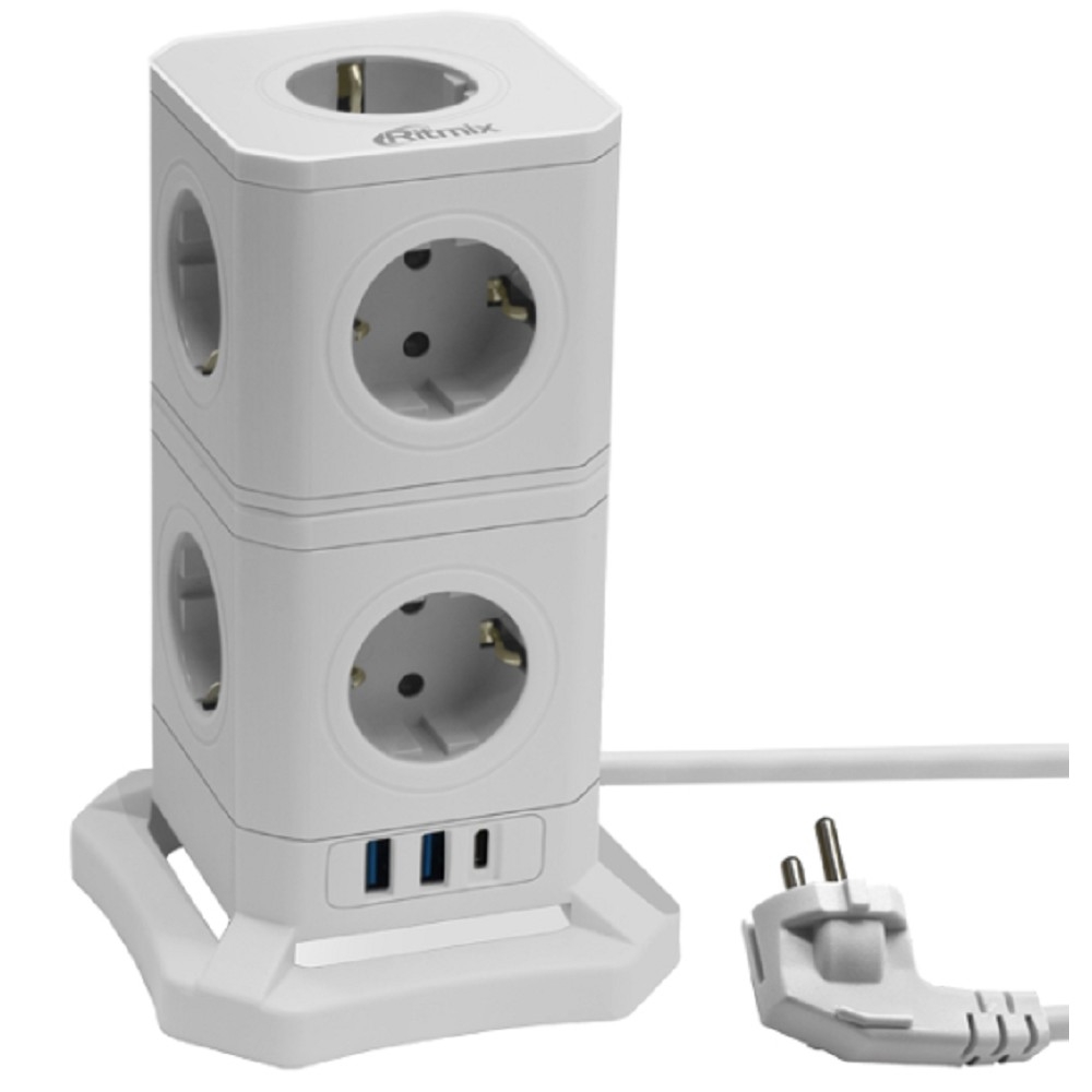 RITMIX RM-292C White Сетевой фильтр с кнопкой питания {16 А, 9 розеток, USB Type-C 30 Ватт и два USB A 5 В, 2,4А, 2 м } {80003364}
