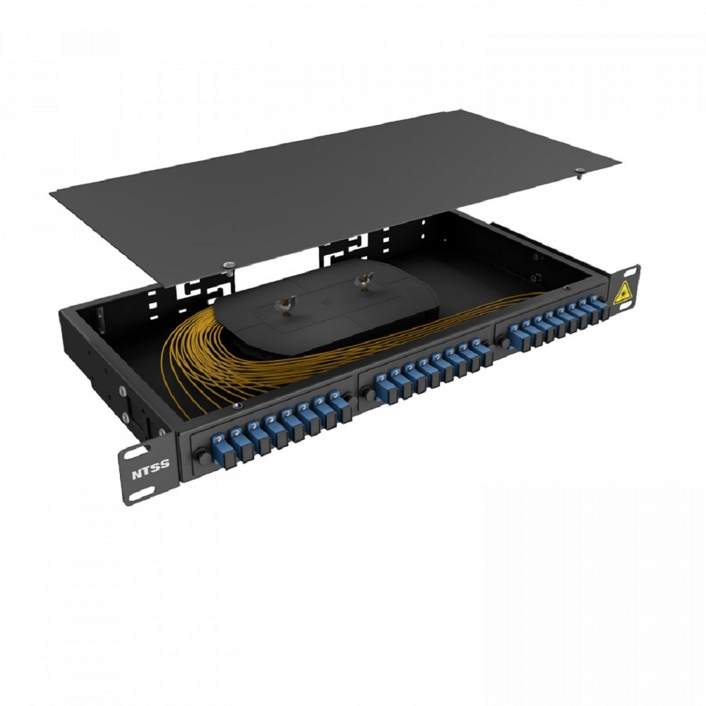 NTSS Кросс 19" NTSS PREMIUM, предсобранный 1U, 4 порта SC/UPC, 9/125 мкм, (сплайс, пигтейлы, кдзс, планки, адаптеры), черный, RAL9005 NTSS-RFOB-PM-1U-4-SC/U-9-SP1.5G1A-BL