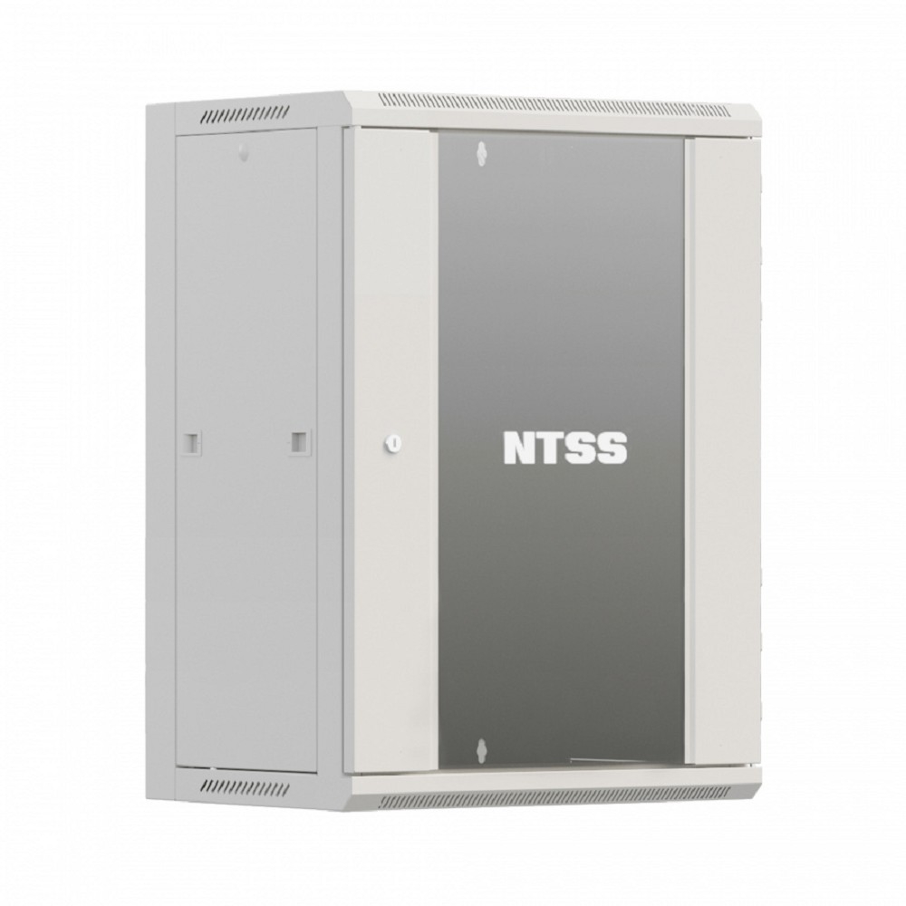 NTSS Шкаф настенный телекоммуникационный NTSS W 15U 600х450х770мм, 2 профиля 19, дверь стеклянная, боковые стенки съемные, задняя стенка, разобранный, серый RAL 7035 NTSS-W15U6045GS